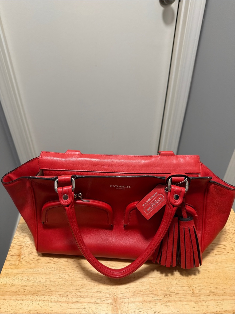 Coach Red Leather Shoulder Tote with Tassel Charm